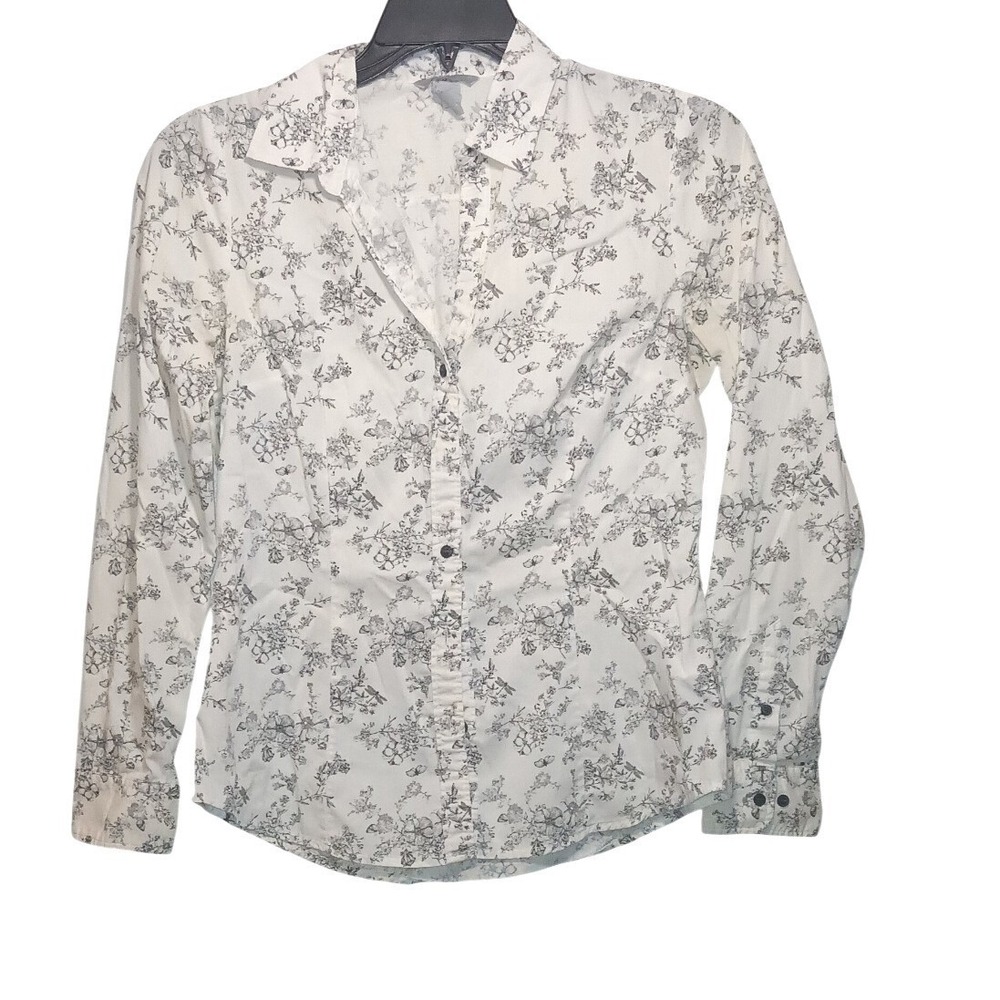 H&M Button Down Shirt Womens 6 White Black Floral Dragonfly Toile Cottagecore